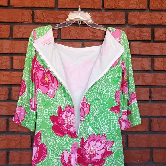 Lilly Pulitzer Dress Size 2 Green Pink Koi Fish Lotus Blossom Flower Shift - Picture 3 of 11